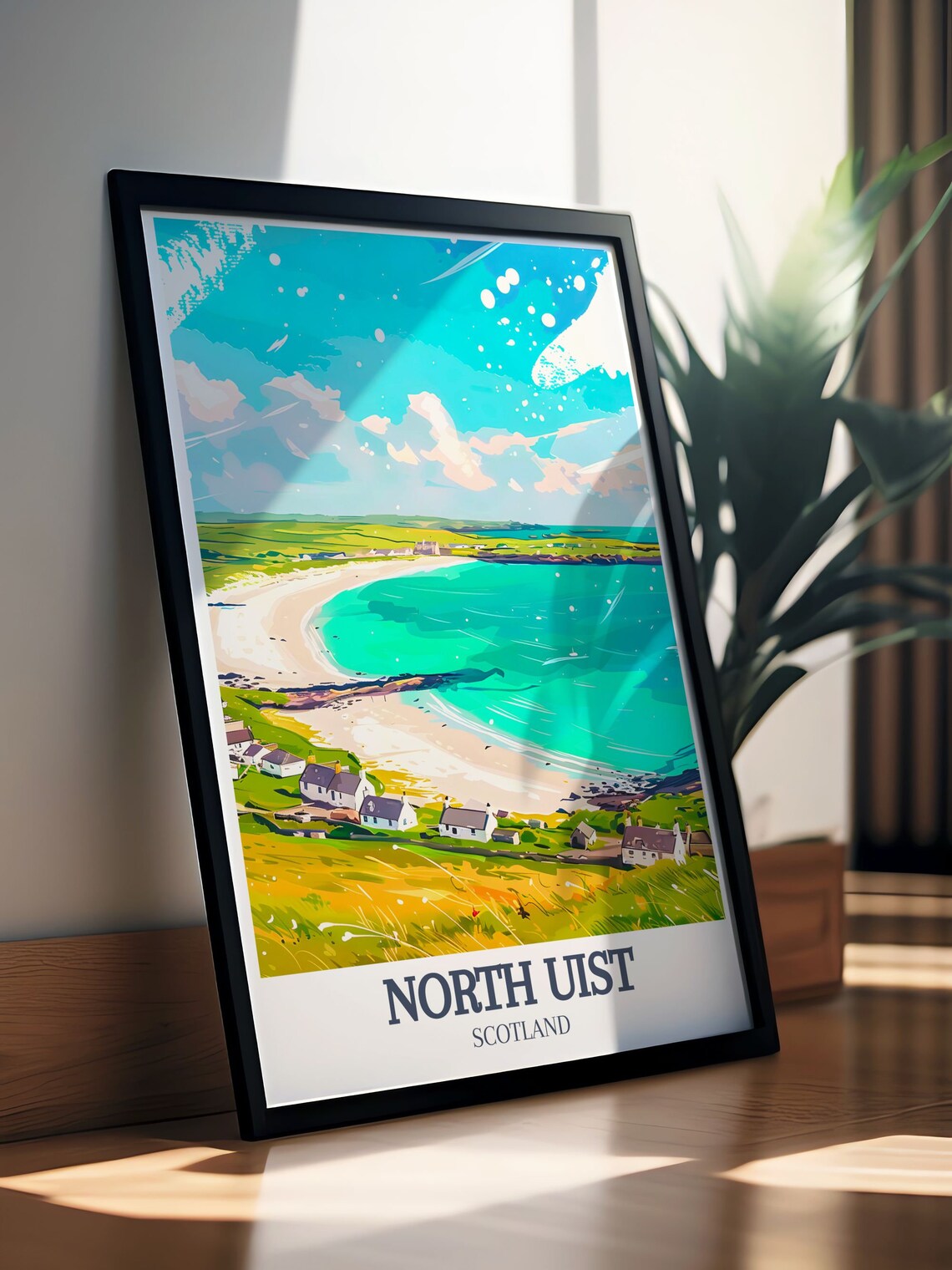 North Uist Turquoise Bay White Sand Beach Cottages Coastal Travel Poster - Image 2