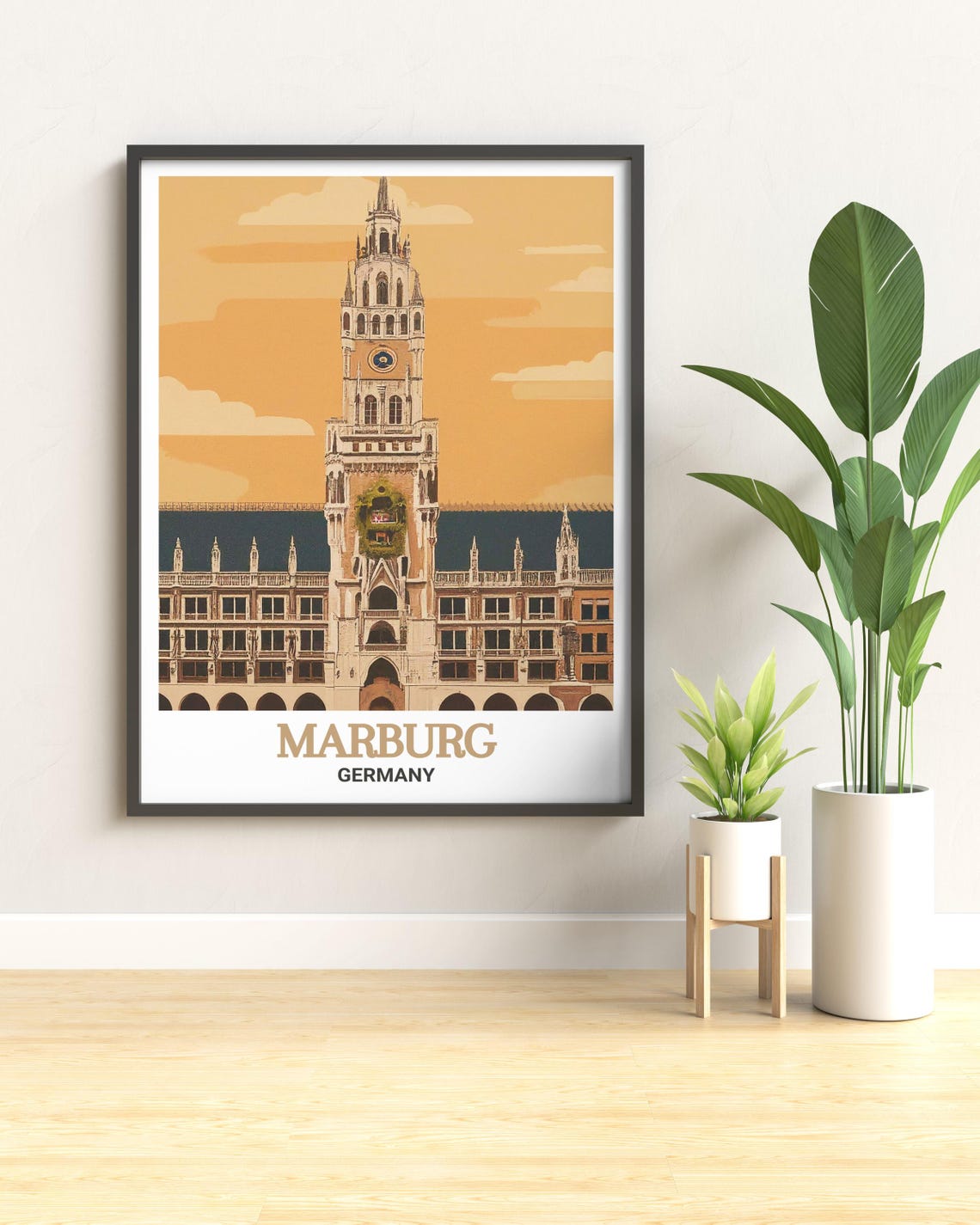 Marburg Old Town Hall Ornate Clock Tower Golden Sunset Travel Poster - Image 2