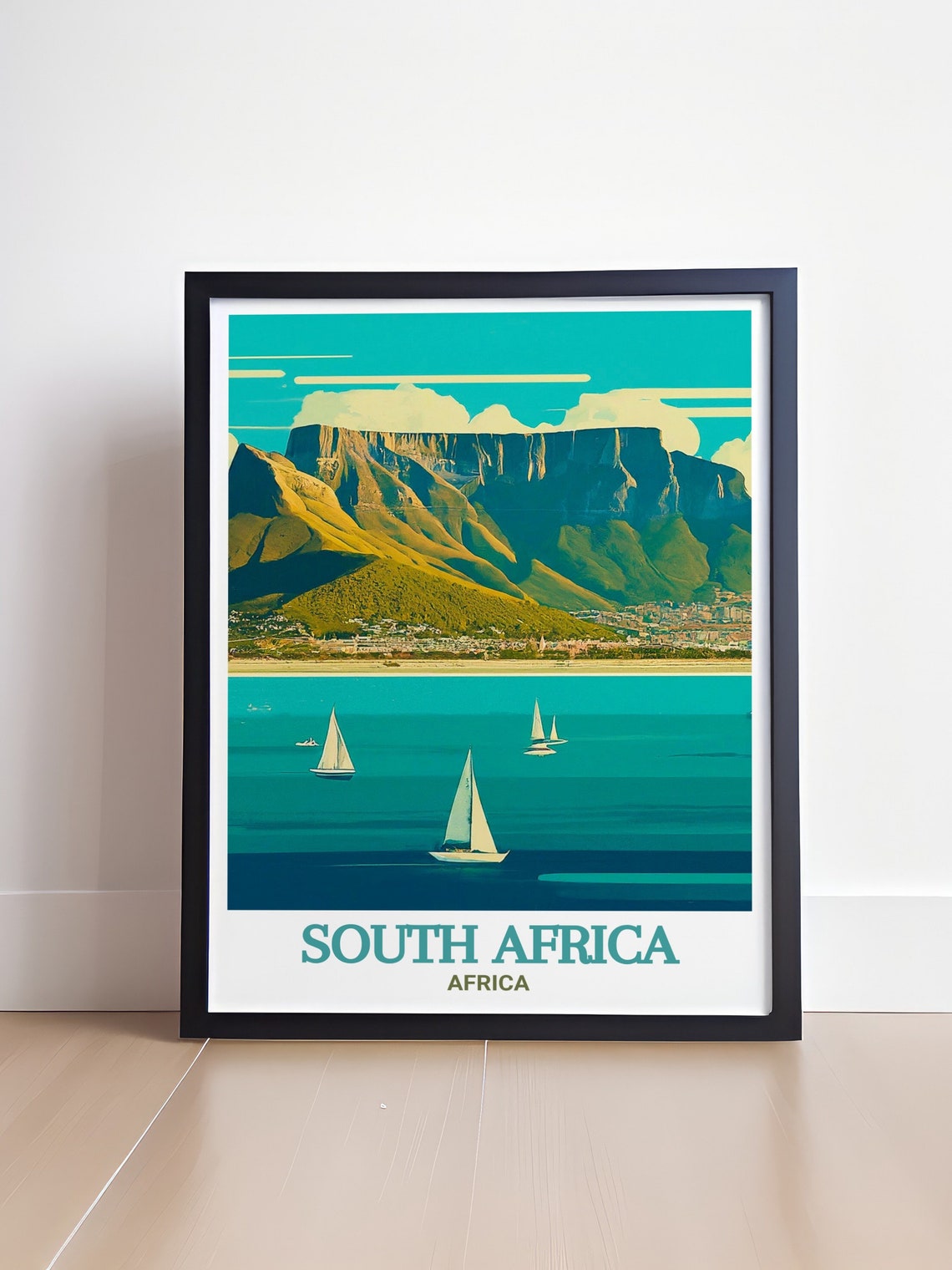 South Africa Table Mountain Teal Seascape Sailboat Bay Poster - Image 4