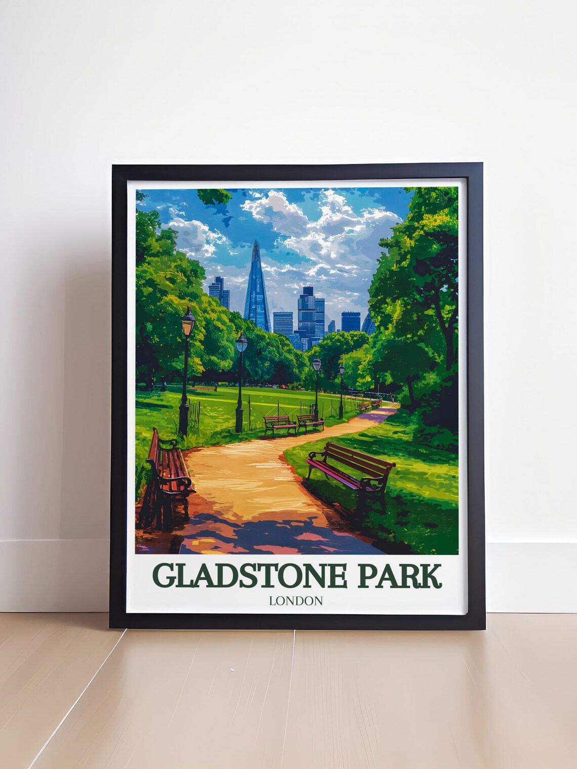 Gladstone Park London Skyline Benches Lawn Urban Travel Poster - Image 4