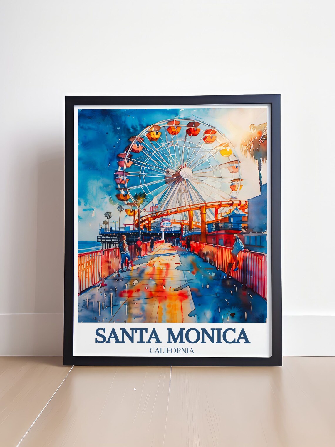 Santa Monica California Pier Ferris Wheel Watercolor Travel Poster - Image 4