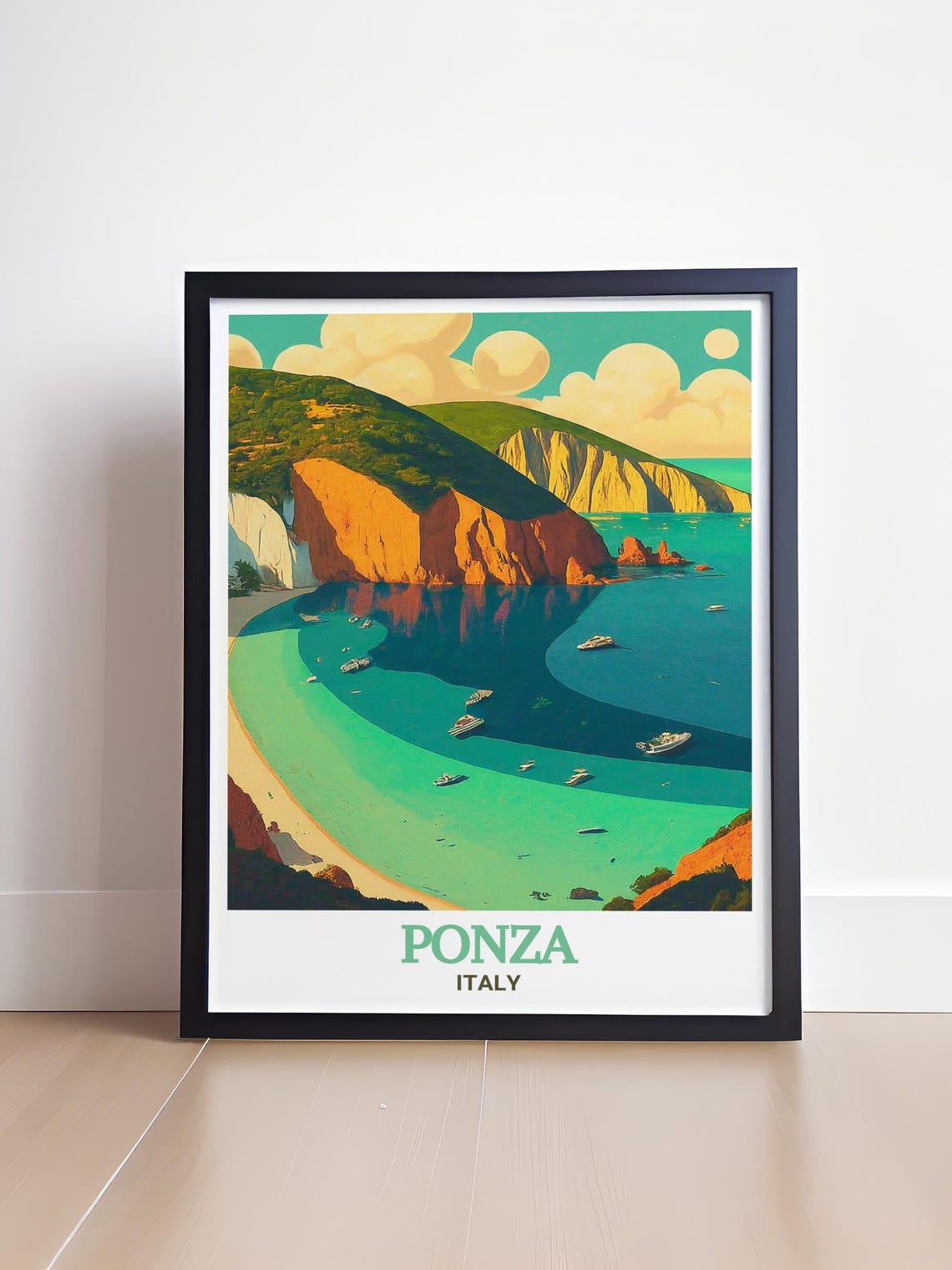 Ponza Italy Sunny Crescent Beach and Orange Cliffs Travel Poster - Image 4