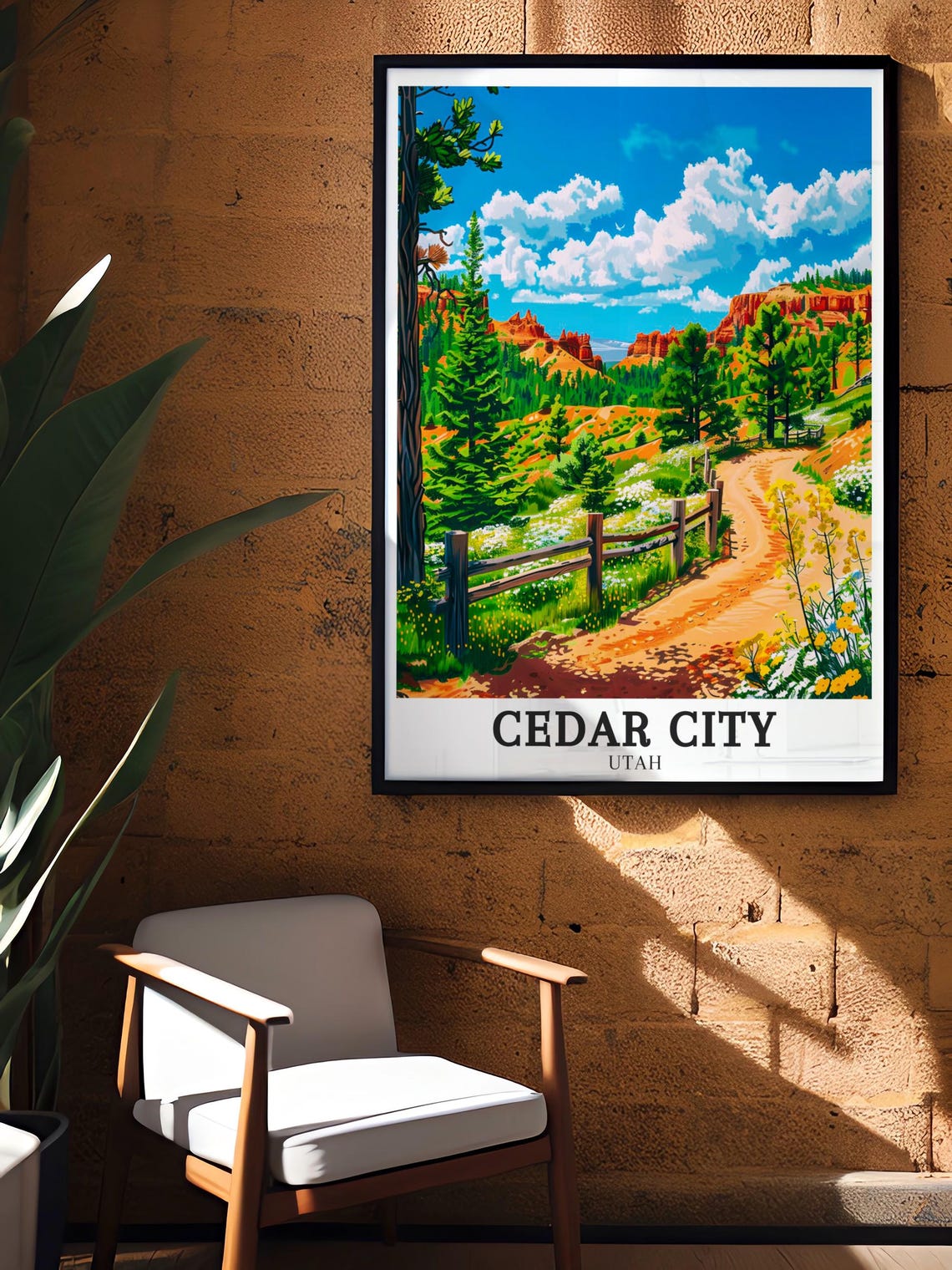 Cedar City Utah Poster Red Rock Trail with Wooden Fence and Pine Trees - Image 3