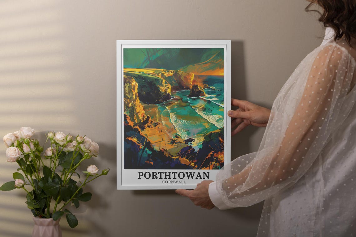Porthtowan Cornwall Golden Cliffs Dramatic Wave Travel Poster - Image 3