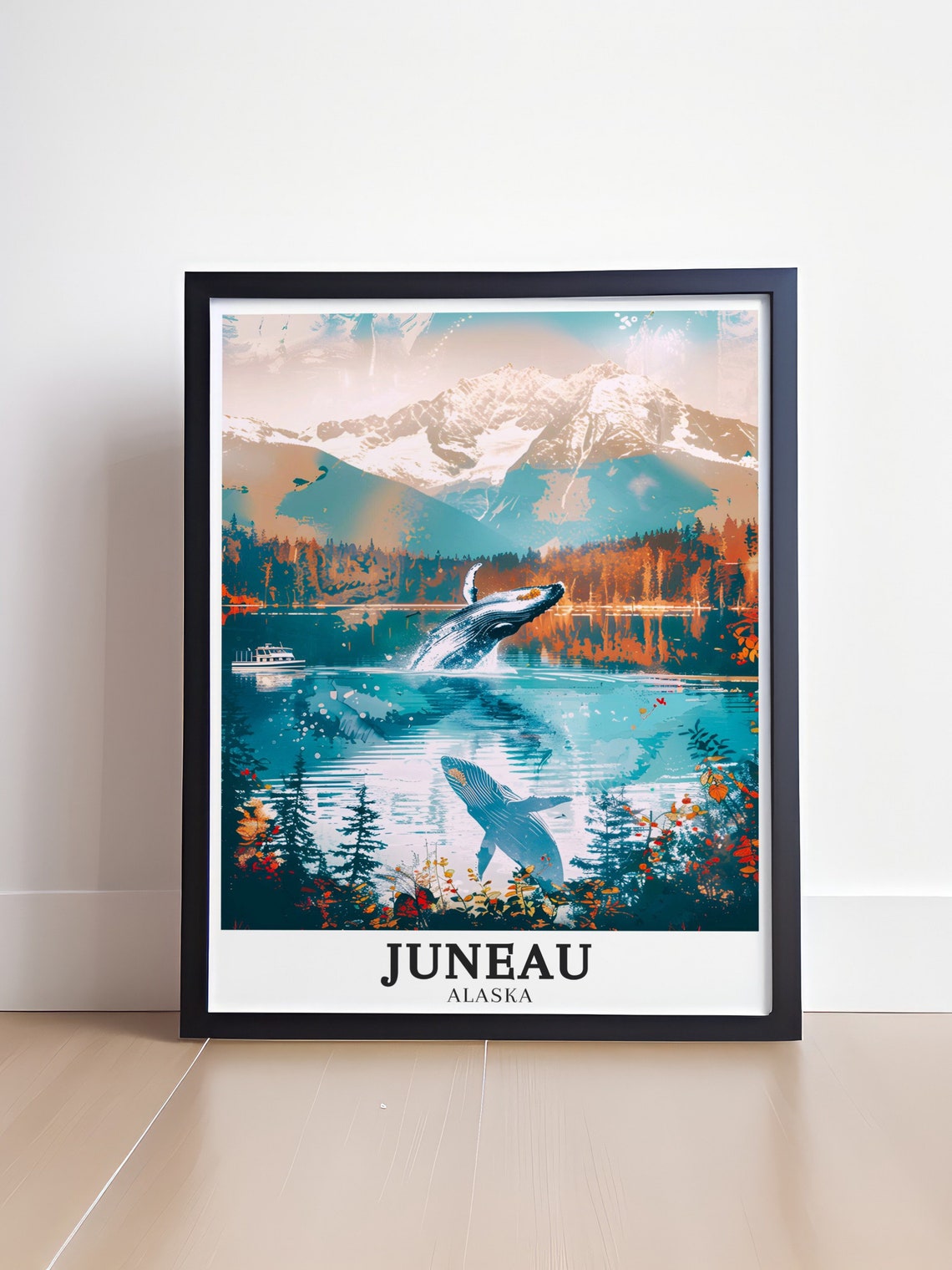Juneau Alaska Breaching Whale and Snowy Mountain Lake View Poster - Image 4