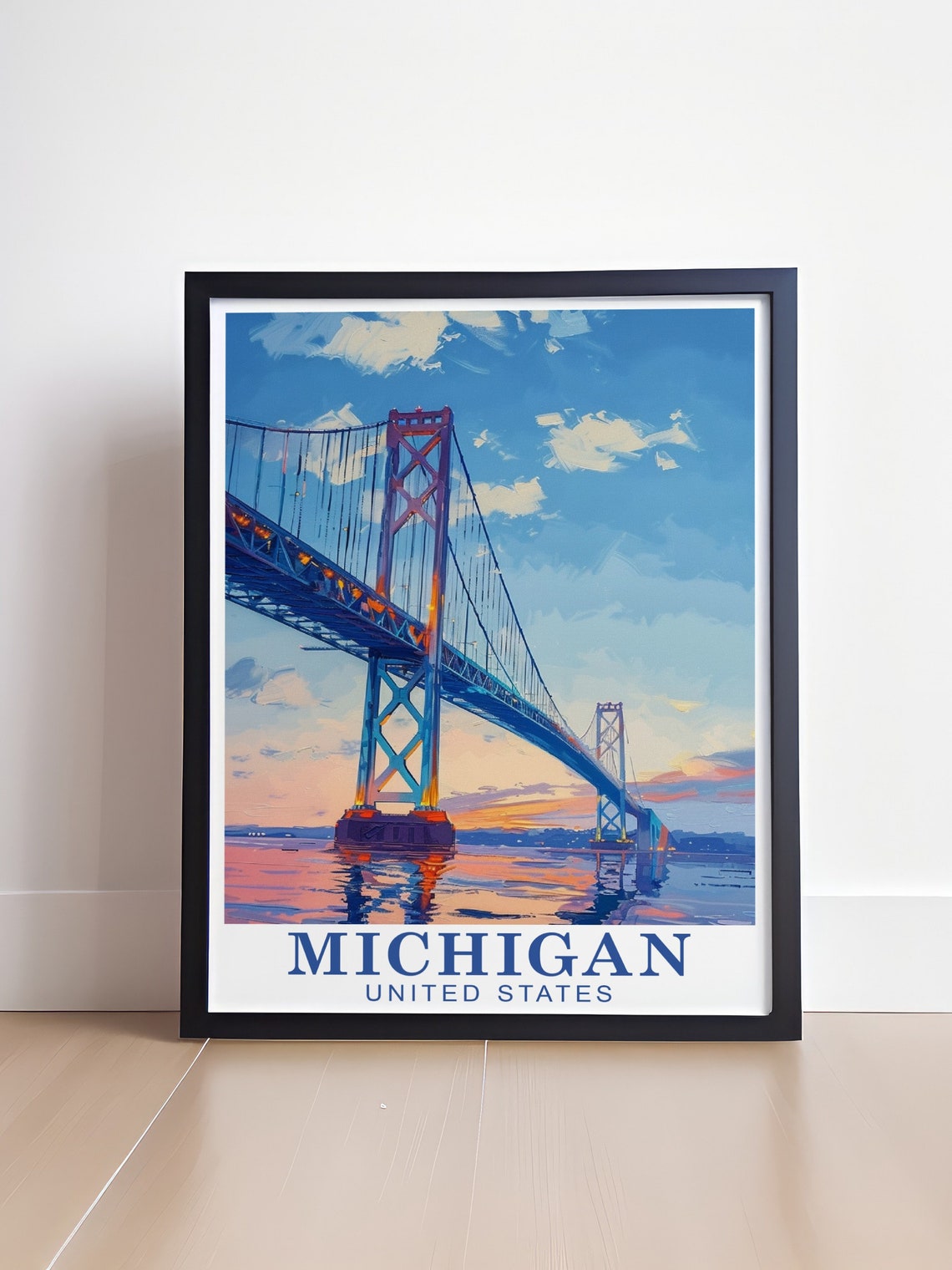 Mackinac Bridge Michigan Sunset Towers Over Water View Poster - Image 4