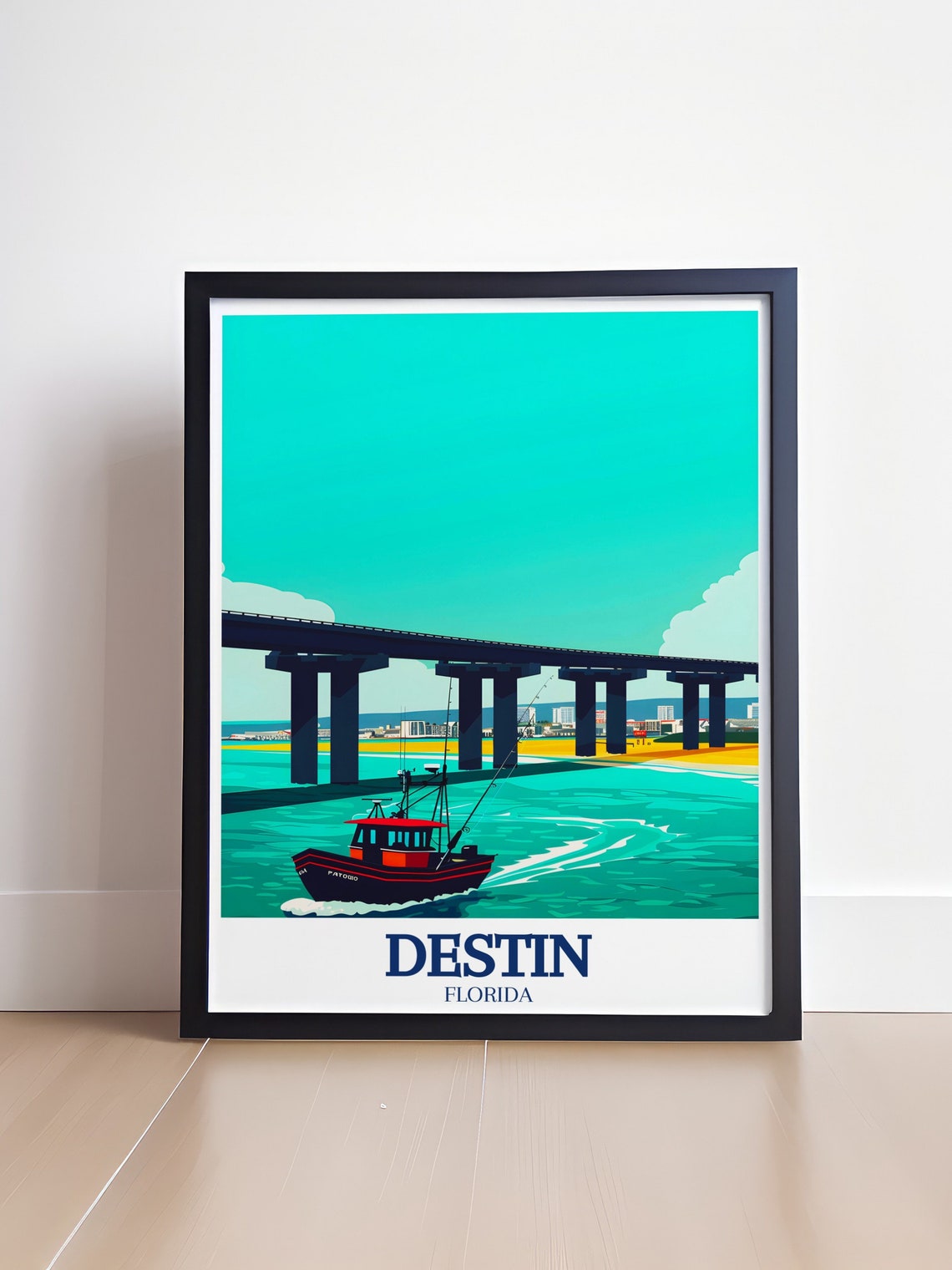 Destin Florida Fishing Boat Racing Under Harbor Bridge Poster - Image 4