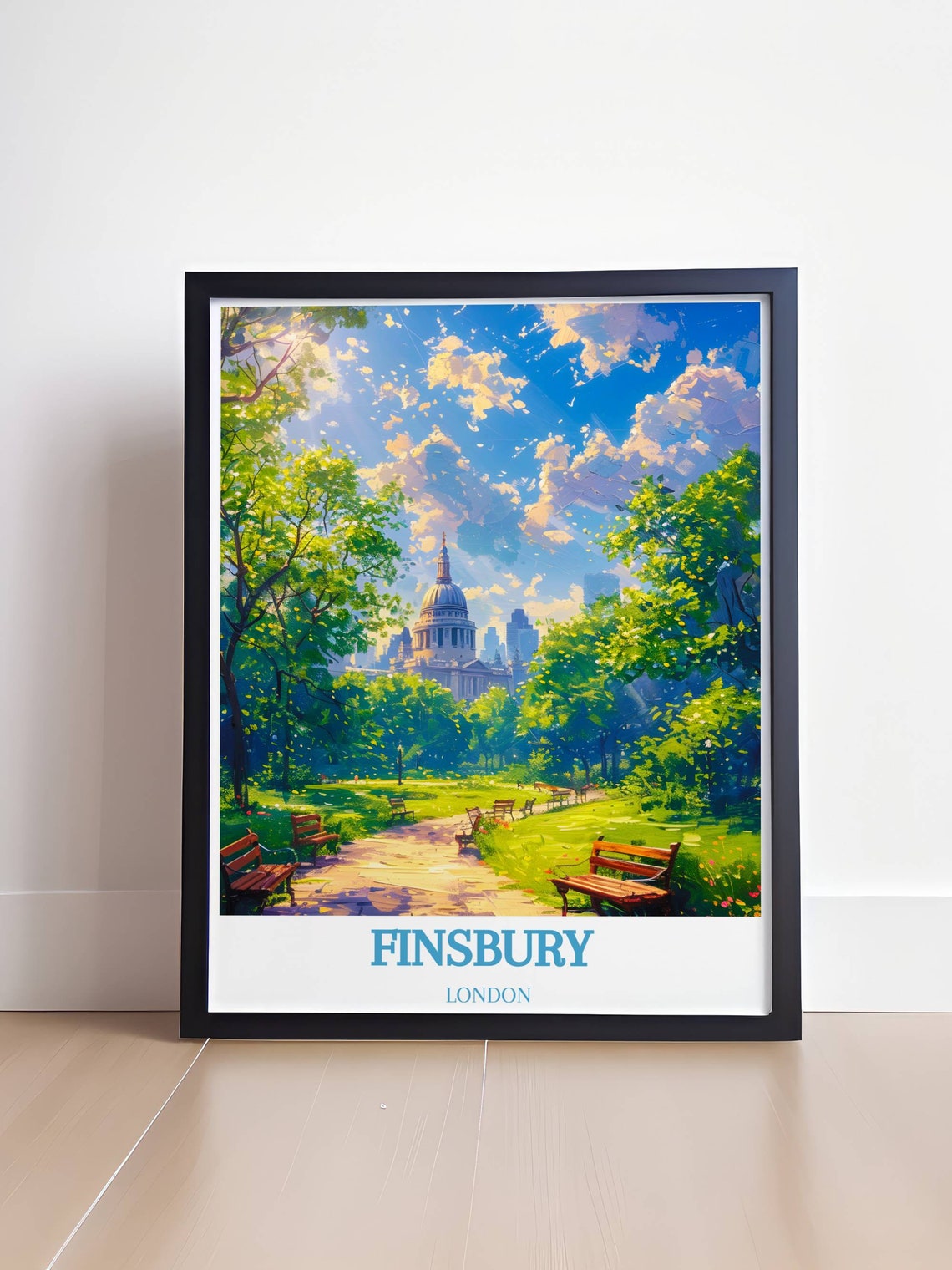Finsbury London Sunlit Park Path with Wooden Benches View Poster - Image 4