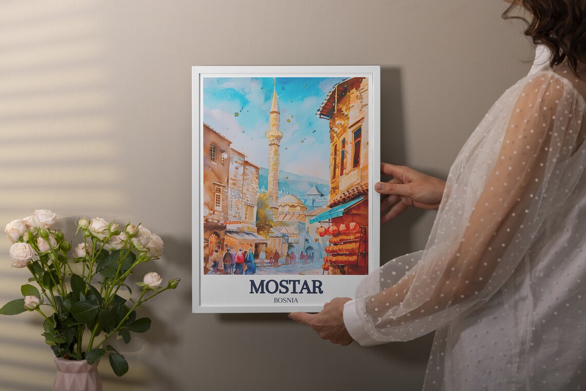 Mostar Old Bazaar Mosque Minaret Street Market Travel Art Poster - Image 3