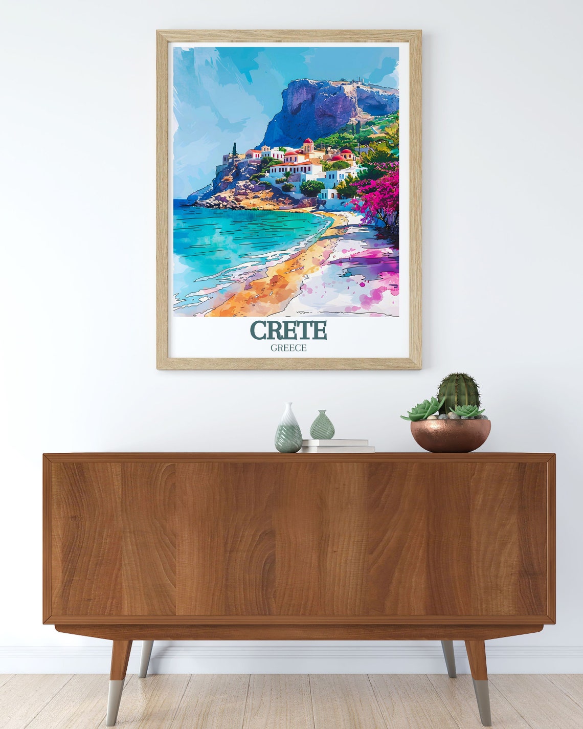 Crete Greece Watercolor Beach Village Red Domes Travel Poster - Image 3