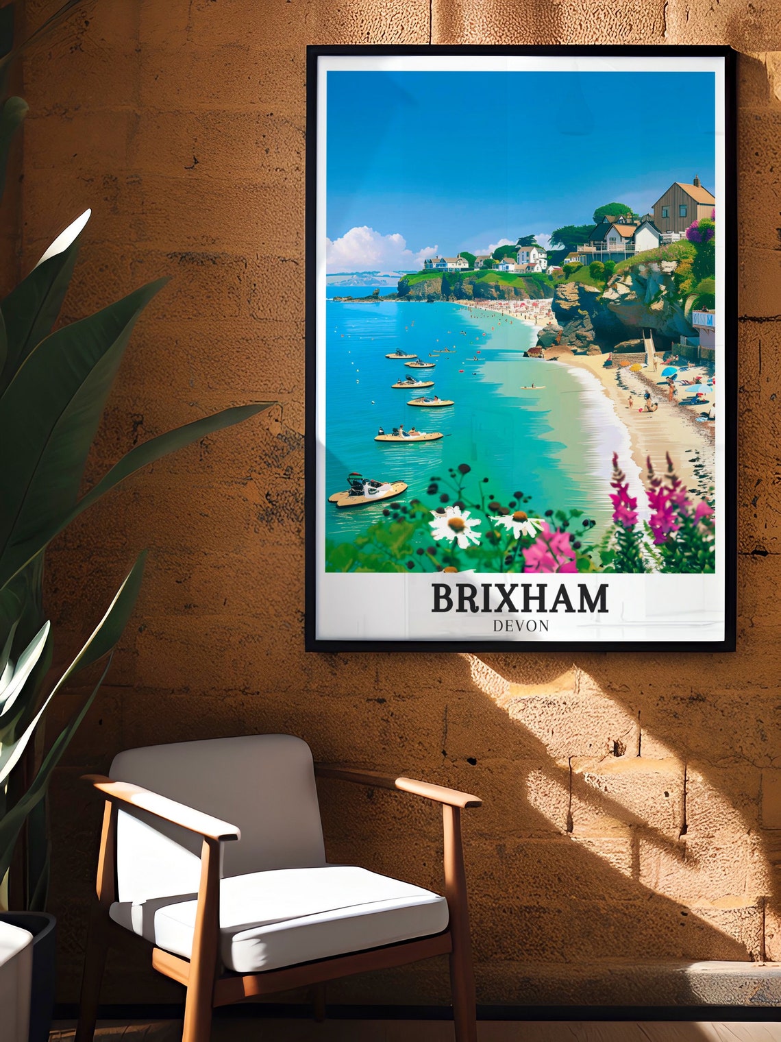 Brixham Devon Turquoise Beach Kayaks Summer England Travel Poster - Image 2
