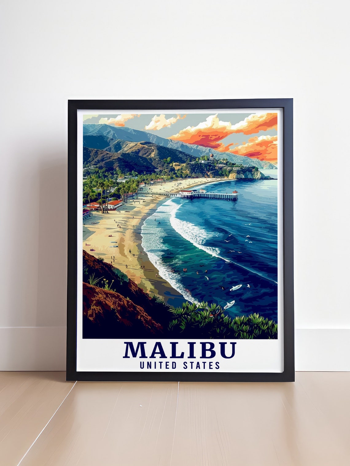 Malibu United States Lagoon Beach Pier Surfers Sunset Poster - Image 4