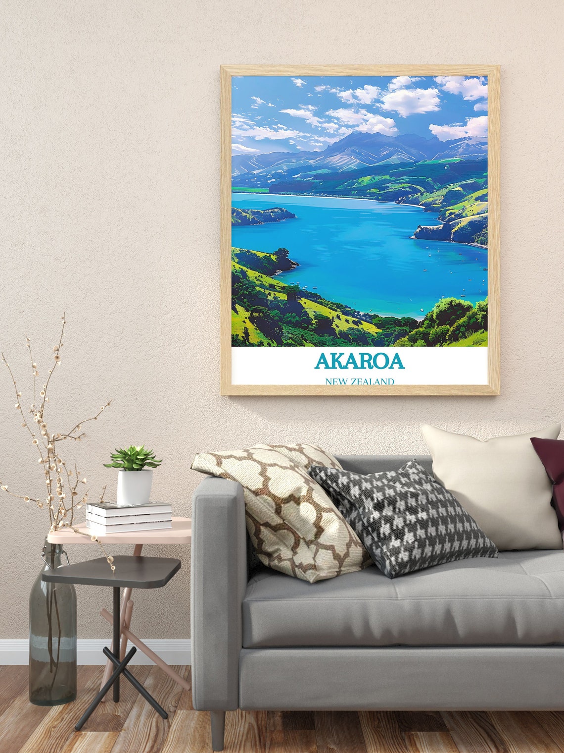 Akaroa New Zealand Harbour Aerial View Over Green Hills Poster - Image 3