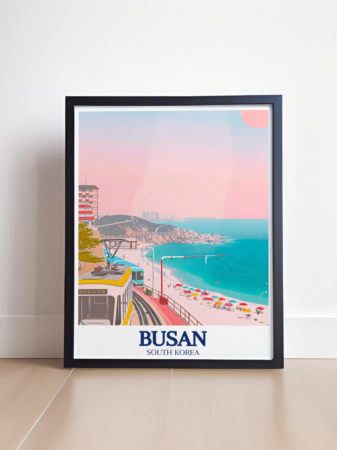 Busan South Korea Coastal Beach Train Umbrellas Scenic Poster - Image 4