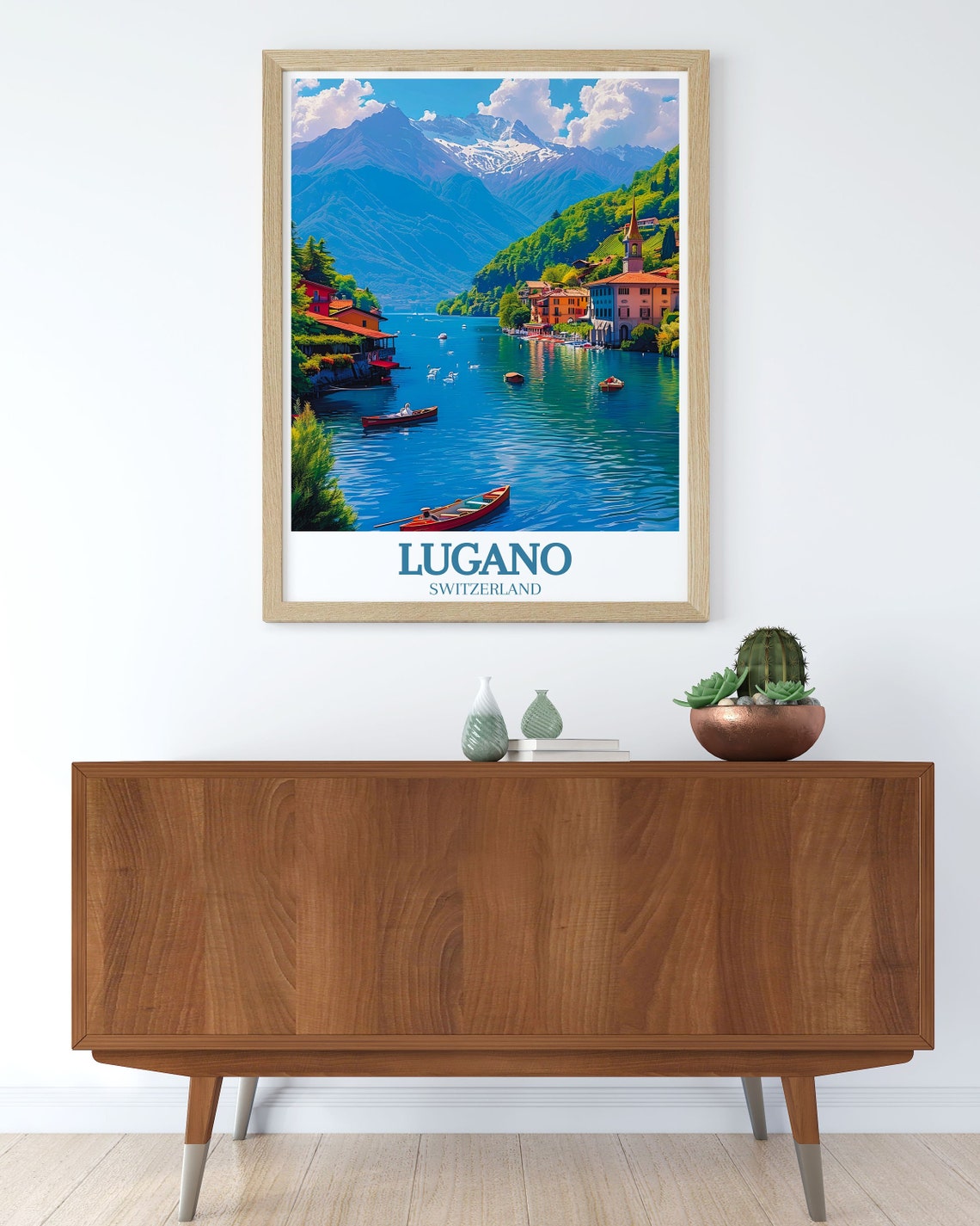 Lugano Switzerland Lake With Boats And Mountain Village Poster - Image 3