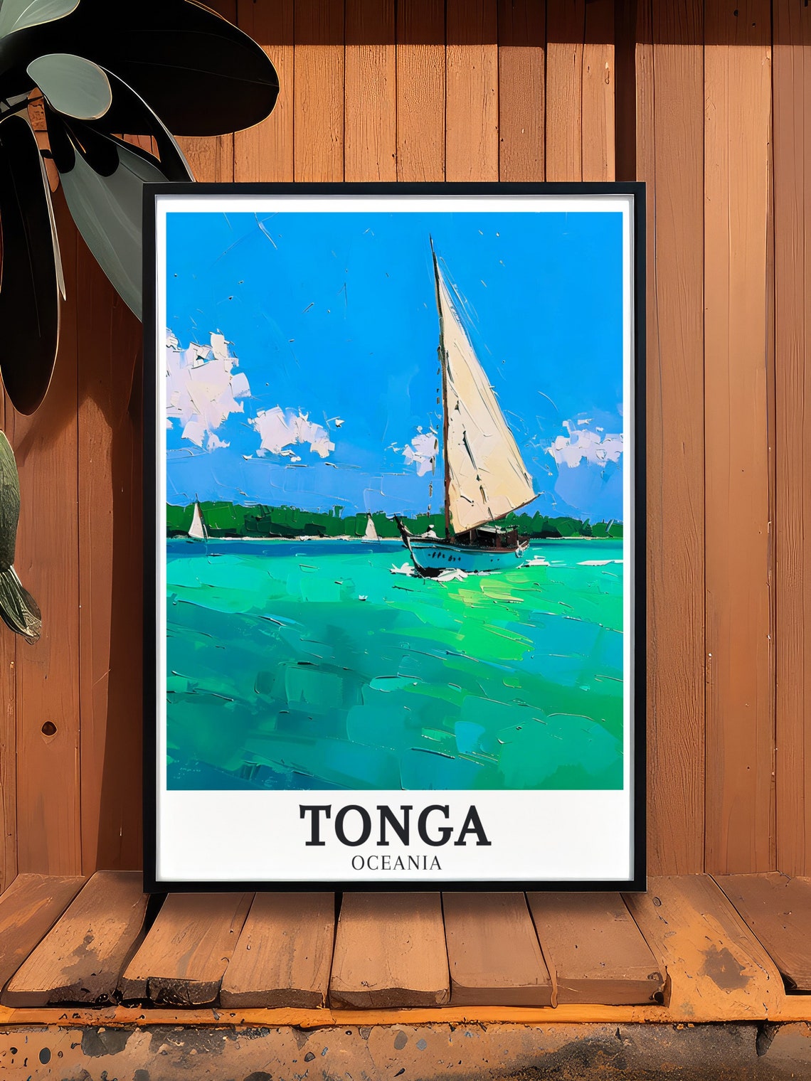 Tonga Oceania Sailboat Turquoise Waters Impasto Style Poster - Image 3