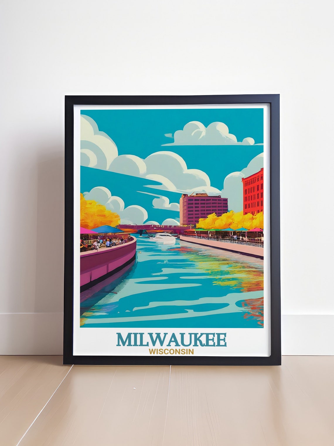Milwaukee Riverwalk Cafes Under Bright Teal Skies Travel Poster - Image 4
