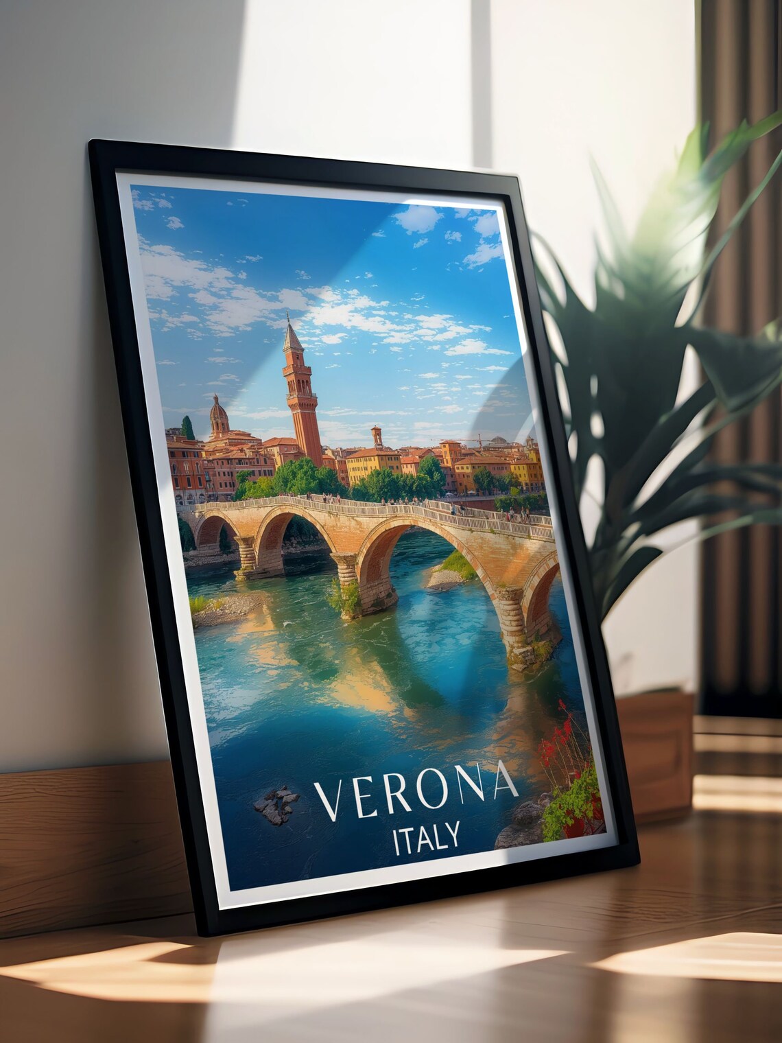 Verona Italy Ponte Pietra Bridge Over Adige River Travel Poster - Image 2