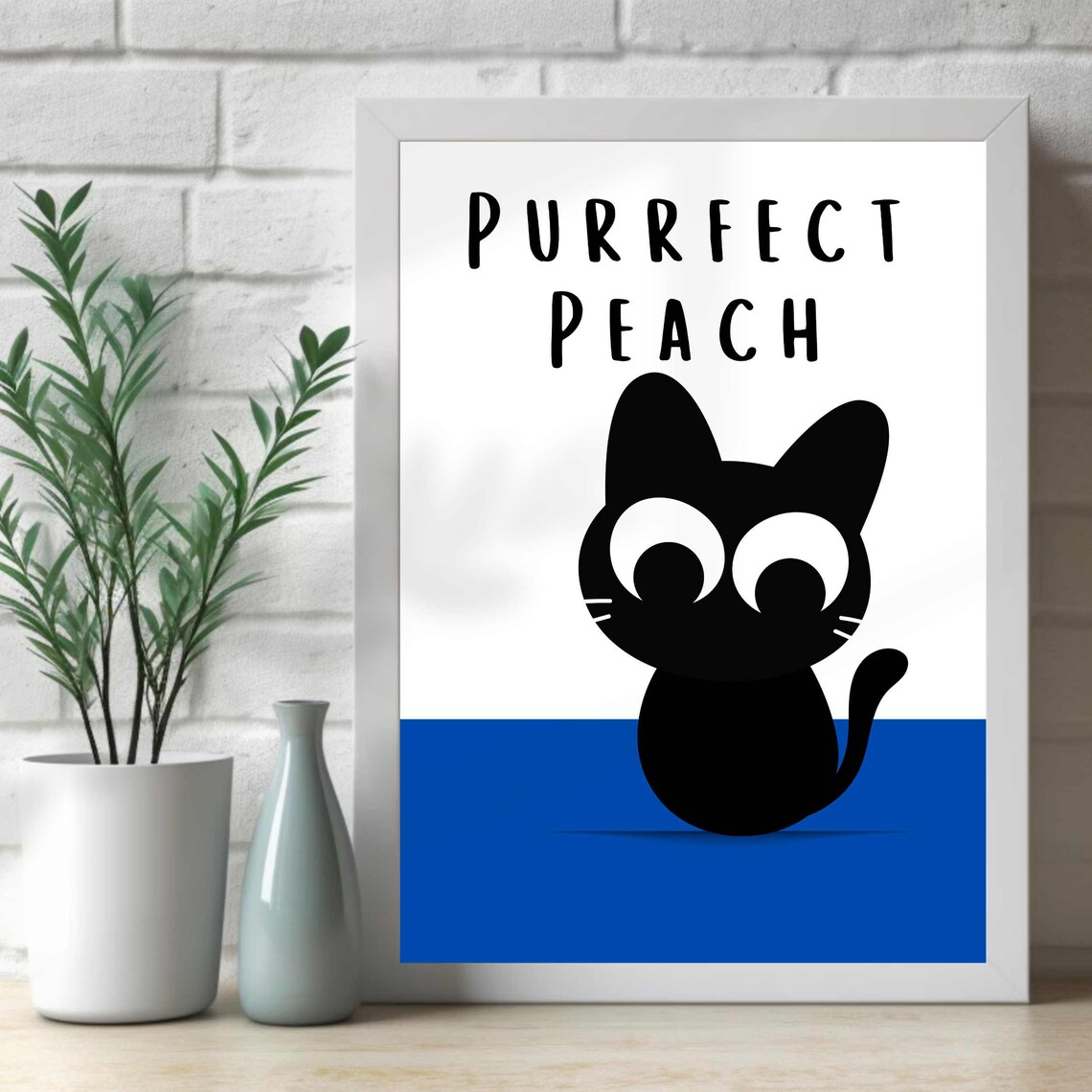 Purrfect Peach Sitting Black Cat With Blue Band Funny Cat Poster - Image 2