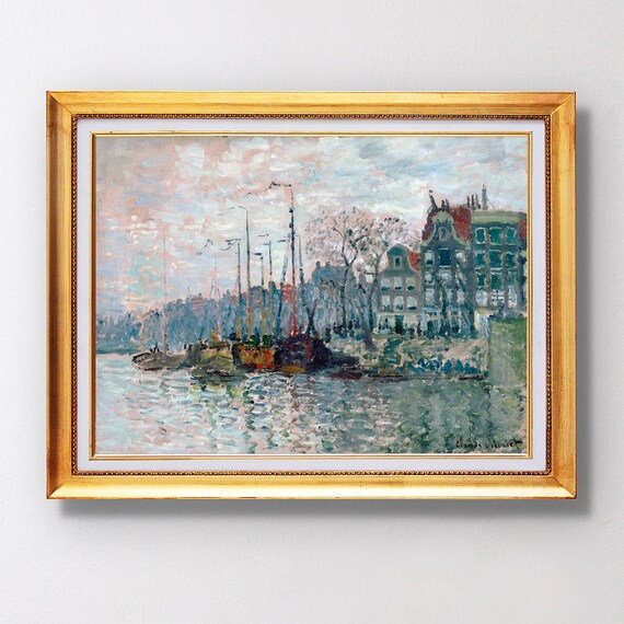 Claude Monet View of Amsterdam Canal Boats Waterfront Painting Poster