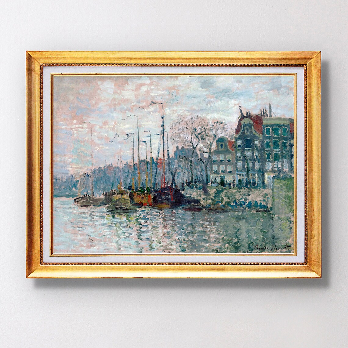 Claude Monet View of Amsterdam Canal Boats Waterfront Painting Poster