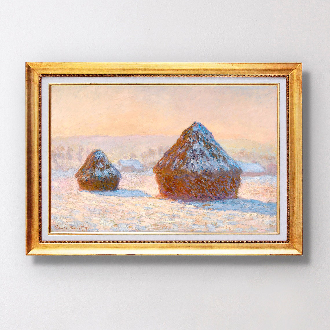 Claude Monet Haystacks Snow Sun Effect Winter Landscape Poster