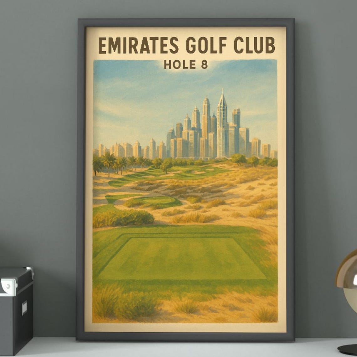 Emirates Golf Club Hole 8 Dubai Desert Skyline Vintage Course Poster