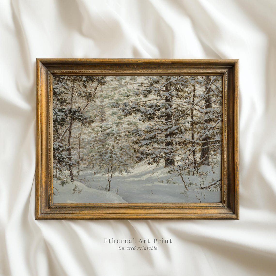 Snowy Pine Forest Sunlit Snow Antique Winter Painting Art Print
