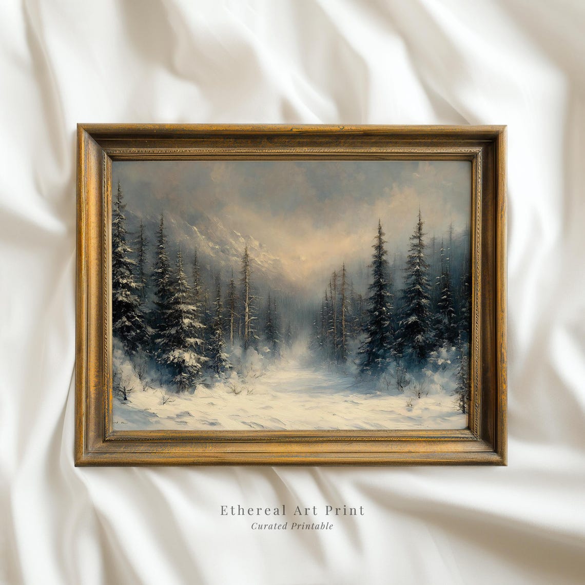 Snow Covered Pine Forest Painting Misty Winter Mountain Wall Art