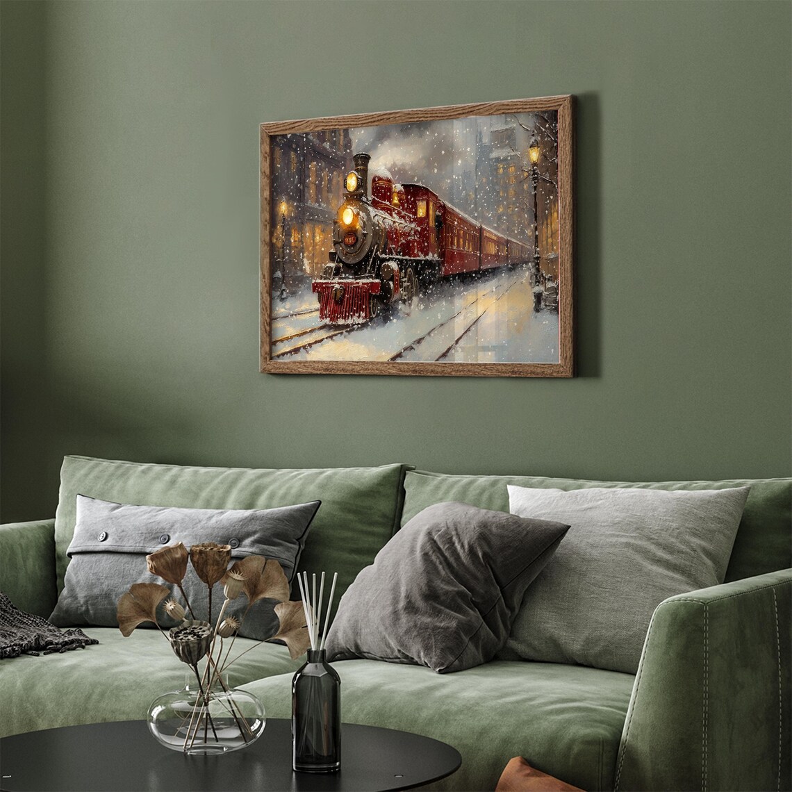 Vintage Red Locomotive Snowfall City Station Holiday Wall Art - Image 3