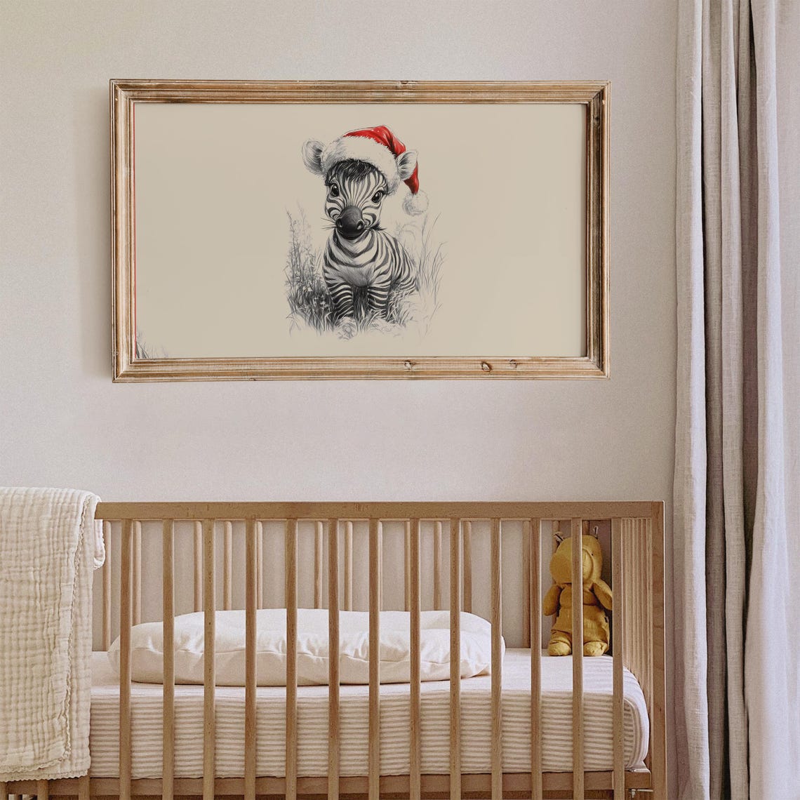 Vintage Zebra Santa Hat Sketch Frame Tv Art Neutral Christmas Nursery Holiday Decor Winter Frame Tv Cute Baby Zebra Drawing - Image 4