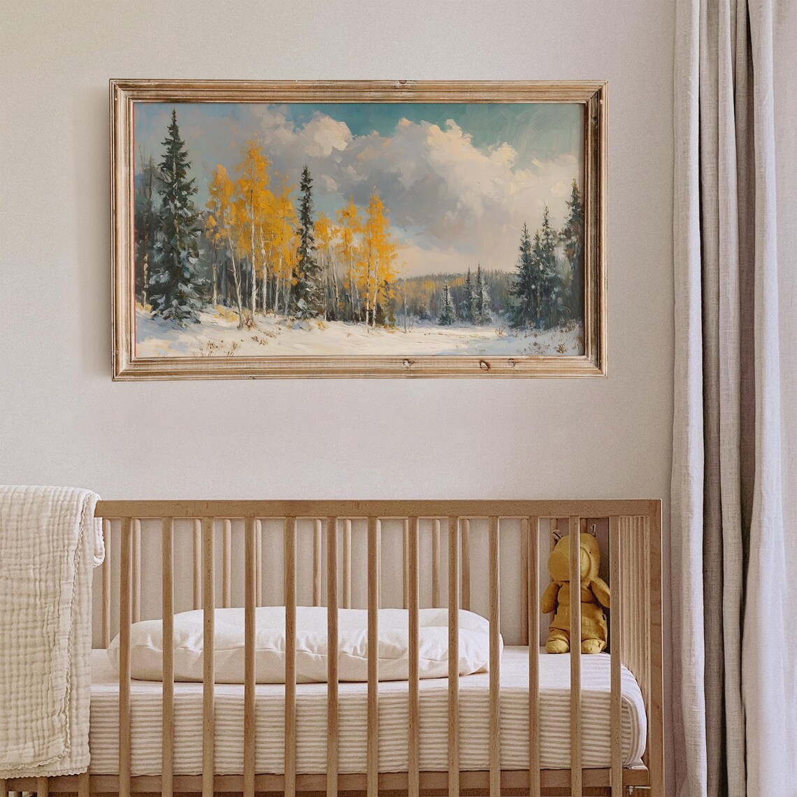 Golden Birch Trees Snowy Winter Landscape Oil Painting Wall Art - Image 4