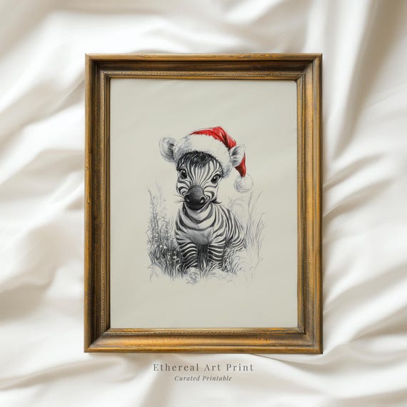 Cute Baby Zebra With Santa Hat Sketch Neutral Christmas Nursery Wall Decor Vintage Winter Wall Art Zebra Drawing Prints