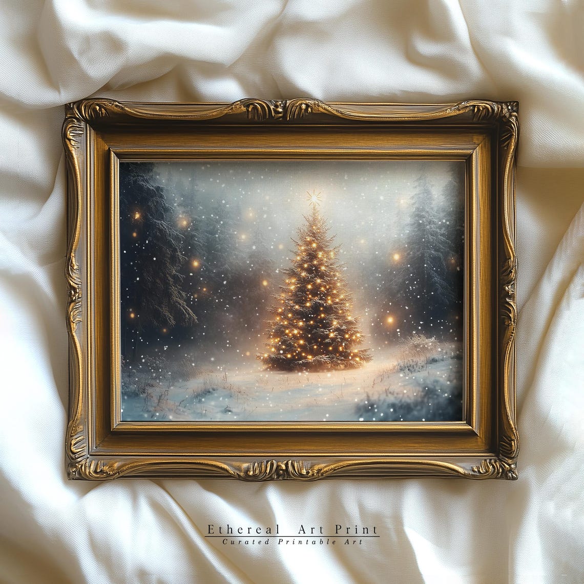 Lit Christmas Tree In Misty Snowy Winter Forest Morning Art Poster - Image 2
