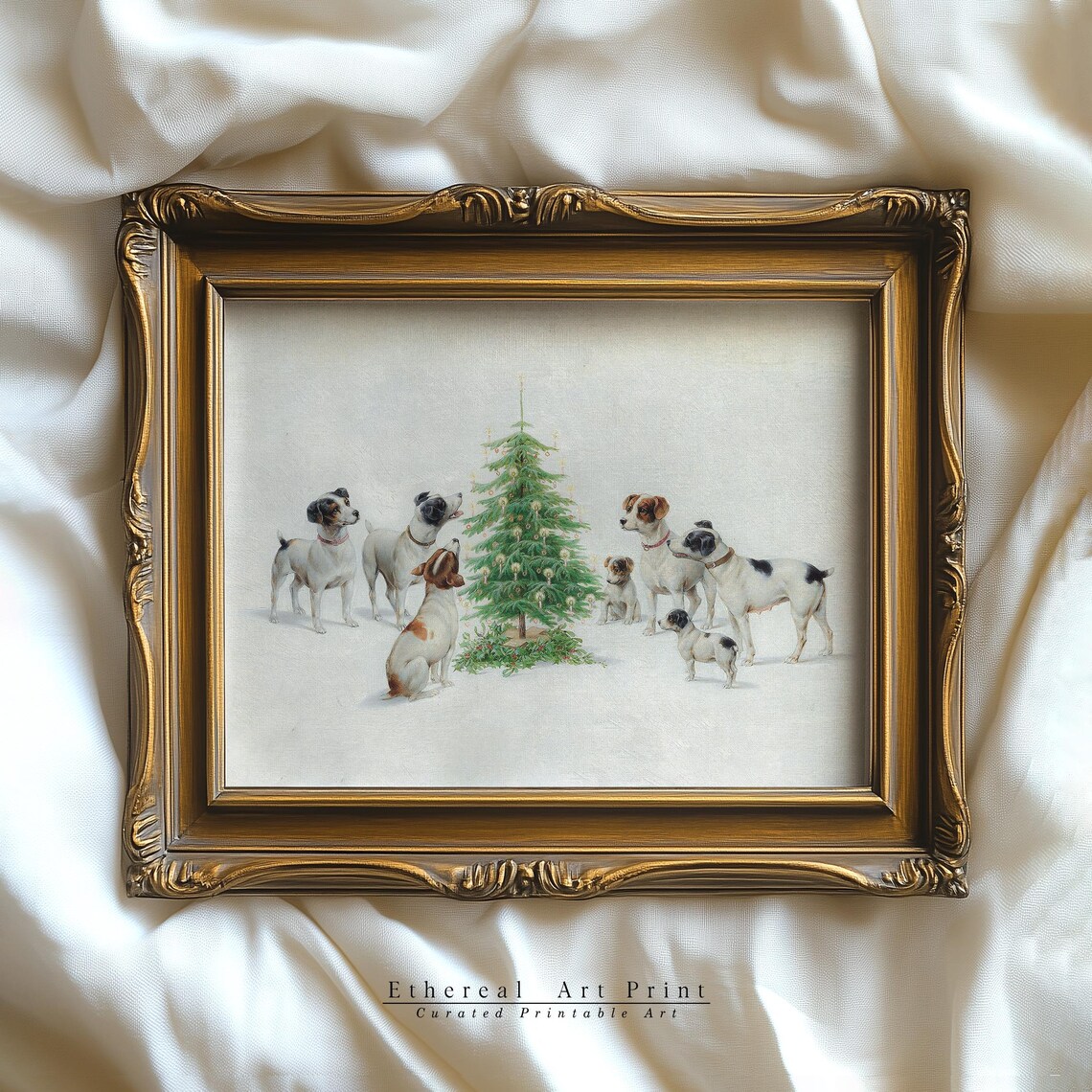 Dogs Around Christmas Tree Vintage Holiday Puppy Oil Painting Print - Image 3