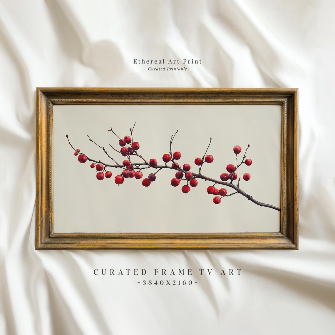 Red Berry Branch Minimalist Botanical Winter Painting Wall Art