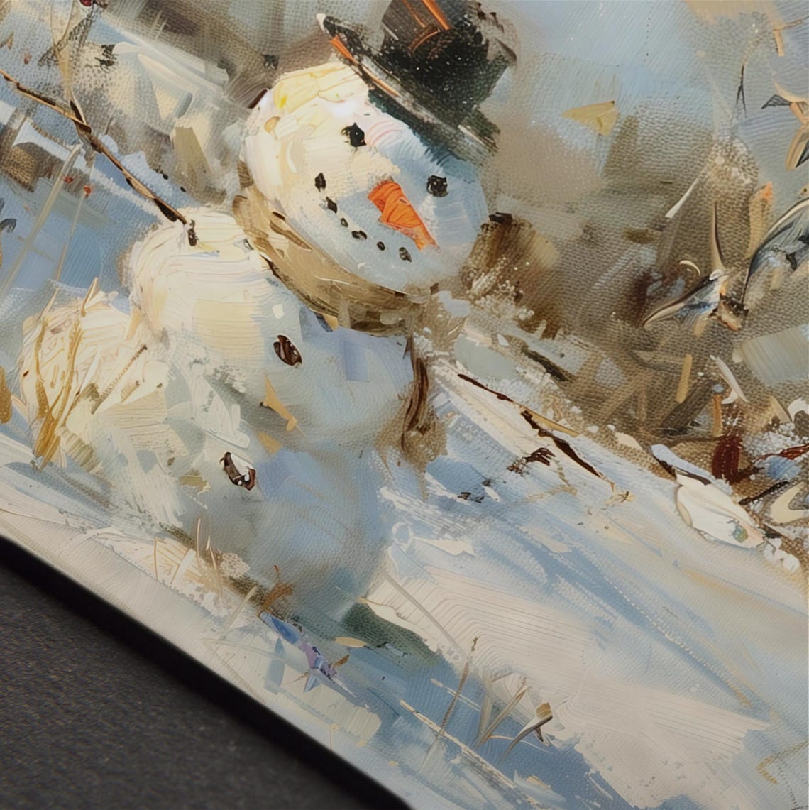 Cheerful Snowman Snowy Meadow Impressionist Winter Painting Print - Image 4
