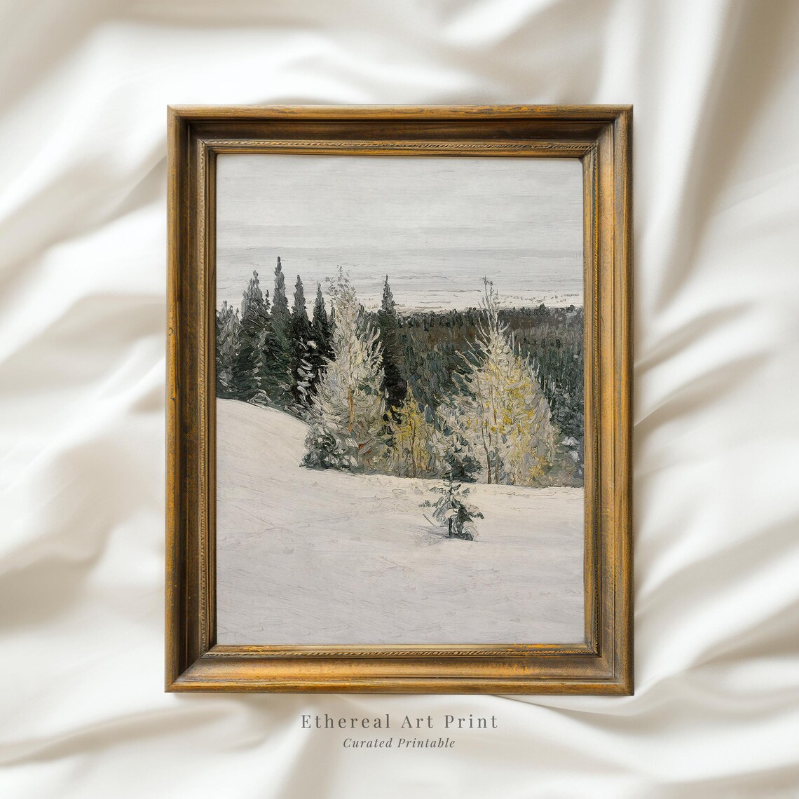 Snowy Forest Edge Winter Hillside Antique Oil Painting Art Print