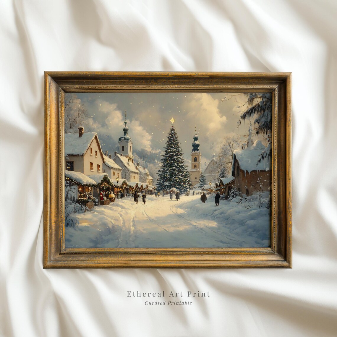 Snowy Christmas Village Square Big Tree Vintage Holiday Art Print