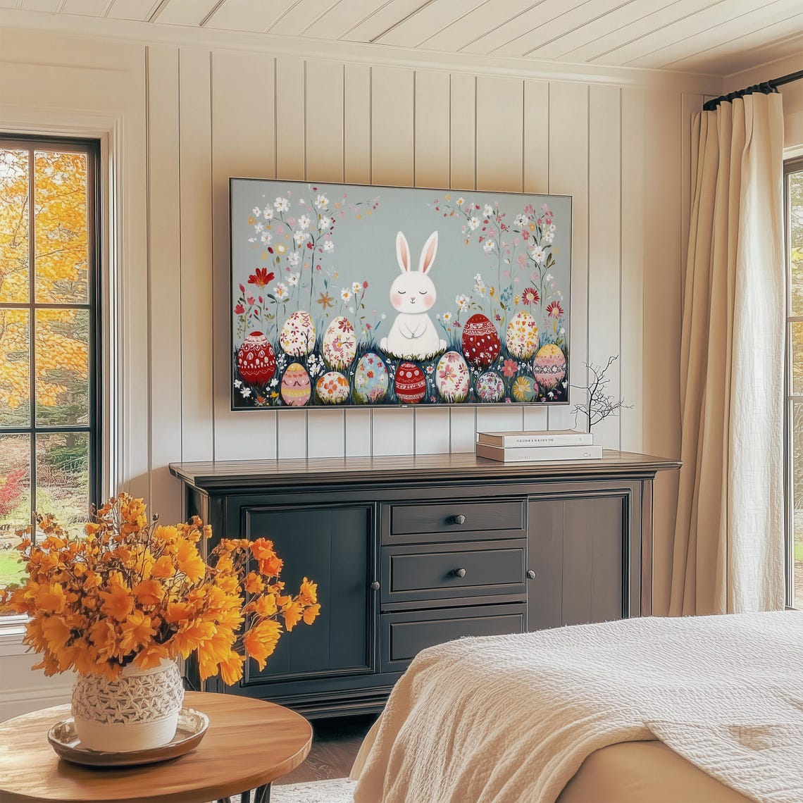 White Easter Bunny Among Decorated Eggs And Wildflowers Art Print - Image 3