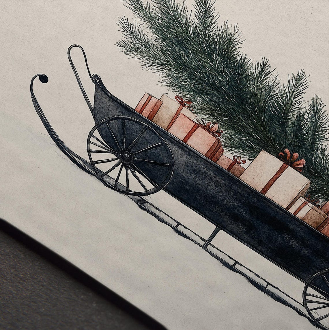Vintage Sleigh With Christmas Tree And Gifts Neutral Holiday Print - Image 4