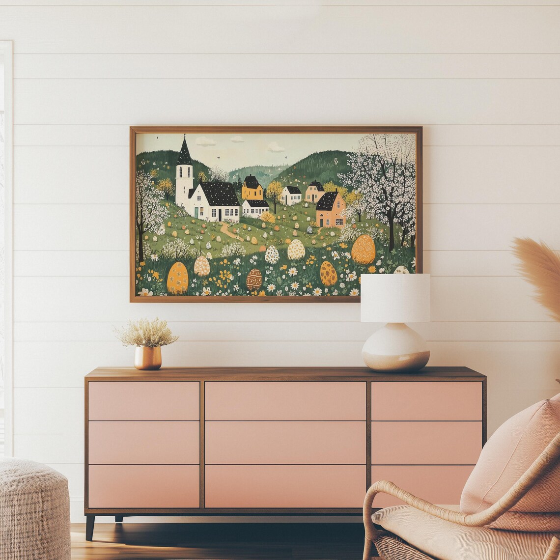 Folk Art Easter Village Church With Decorated Eggs Spring Wall Art - Image 4