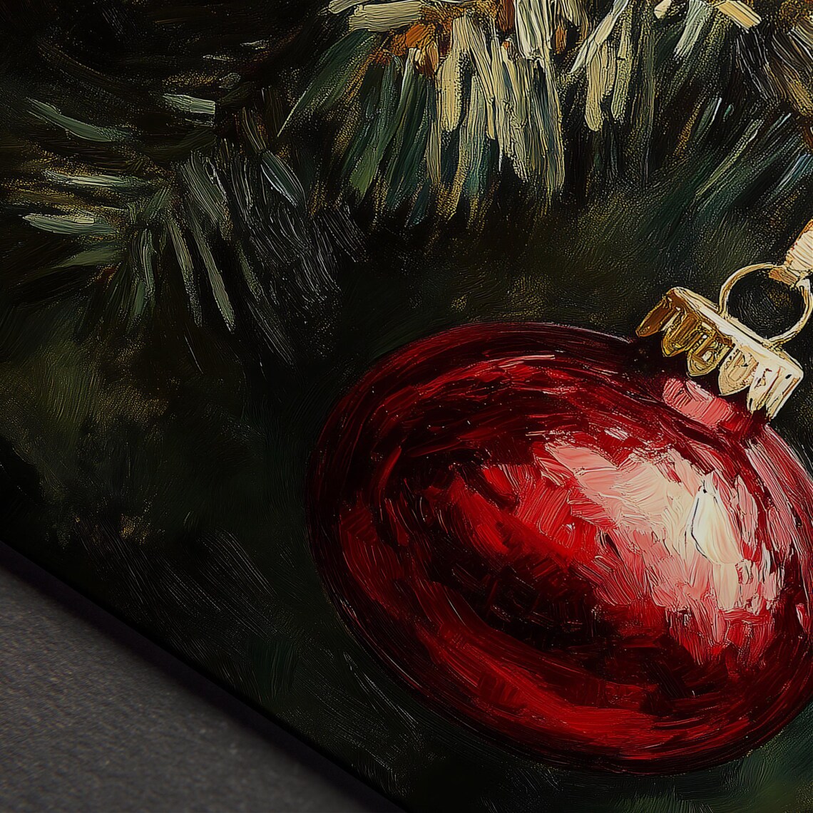 Red Bauble Ornament Dark Evergreen Branch Christmas Painting Wall Art - Image 4