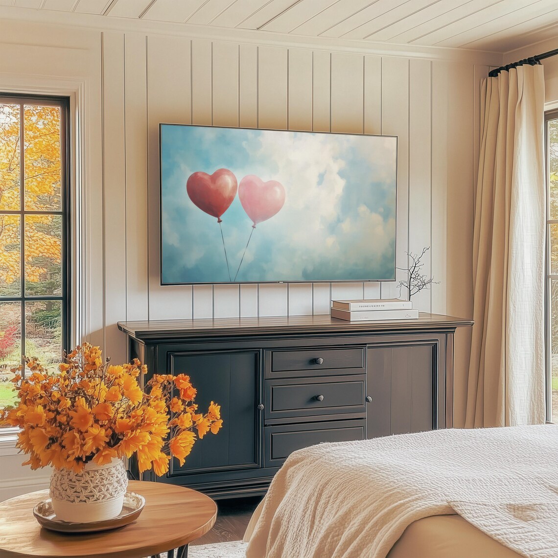 Red Pink Heart Balloons Floating Clouds Romantic Valentines Tv Art - Image 4