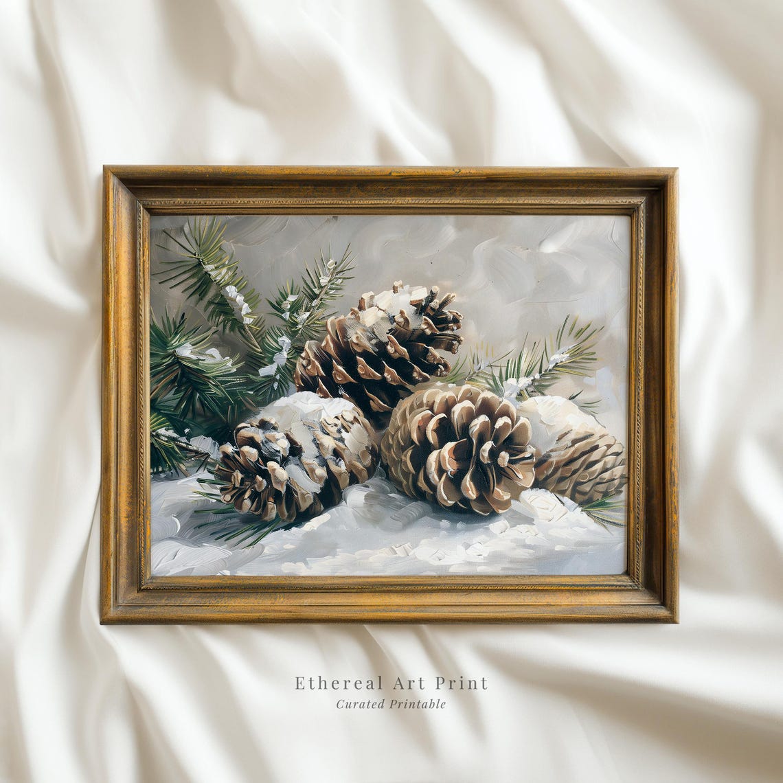 Snow Dusted Pine Cones And Pine Branches Winter Oil Painting Poster