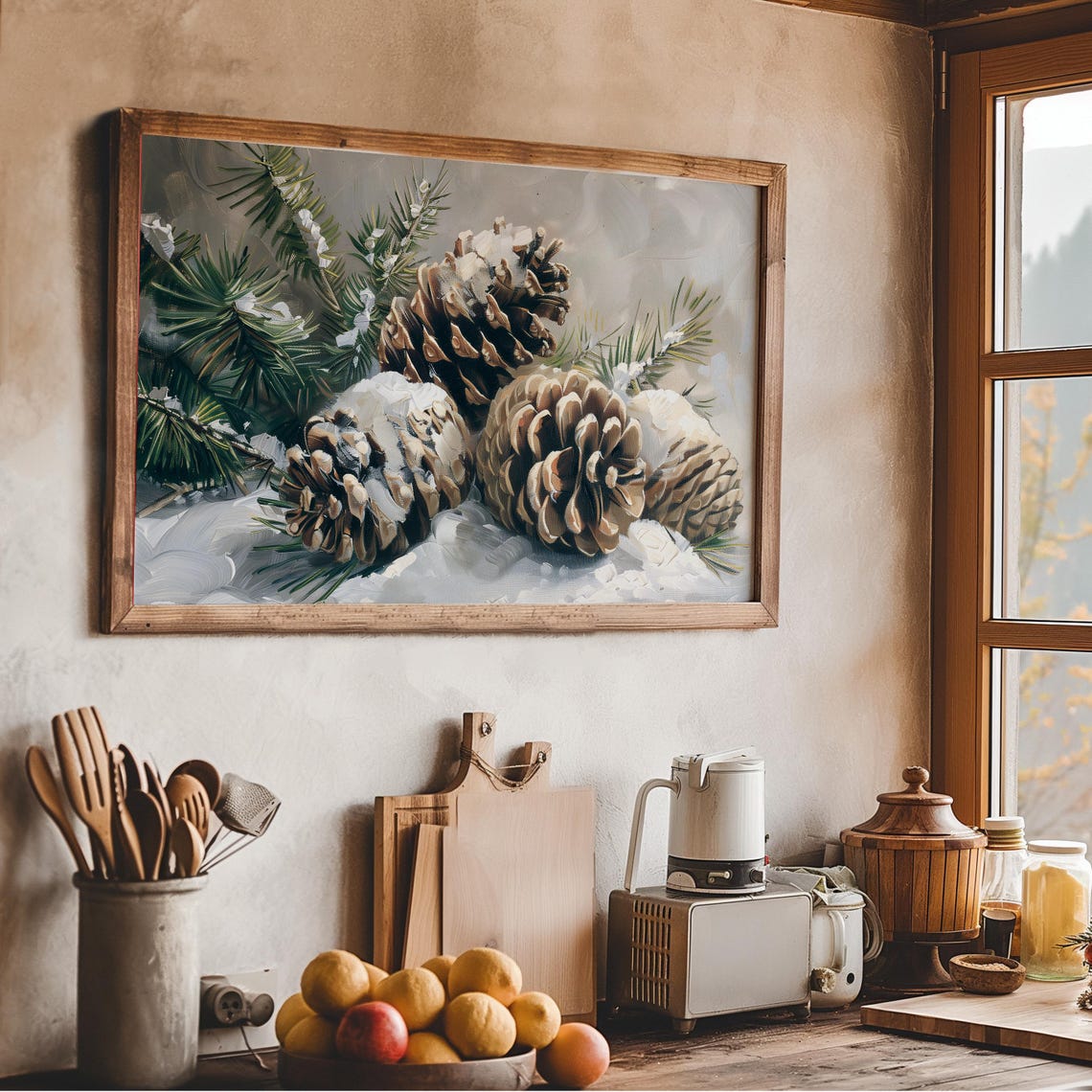 Snowy Pine Cones In Winter Forest Rustic Farmhouse Holiday Poster - Image 2