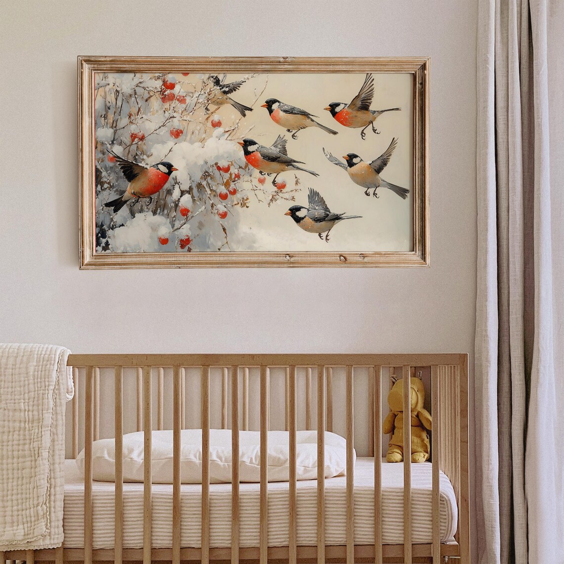 Winter Birds On Snowy Red Berry Bush Vintage Painting Wall Art - Image 4