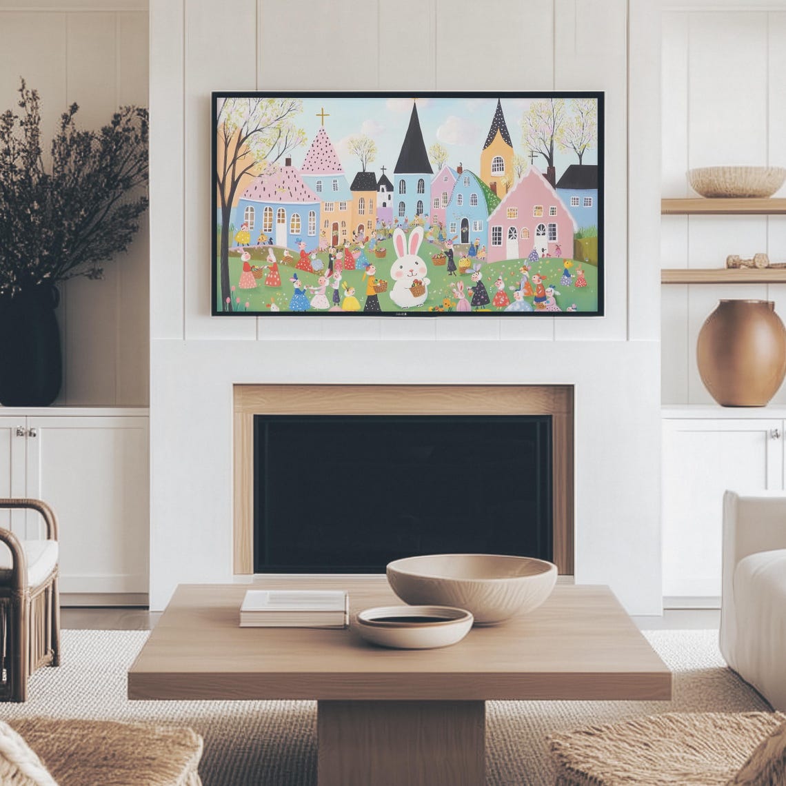 Easter Bunnies In Dresses With Baskets Pastel Village Scene Wall Art - Image 4