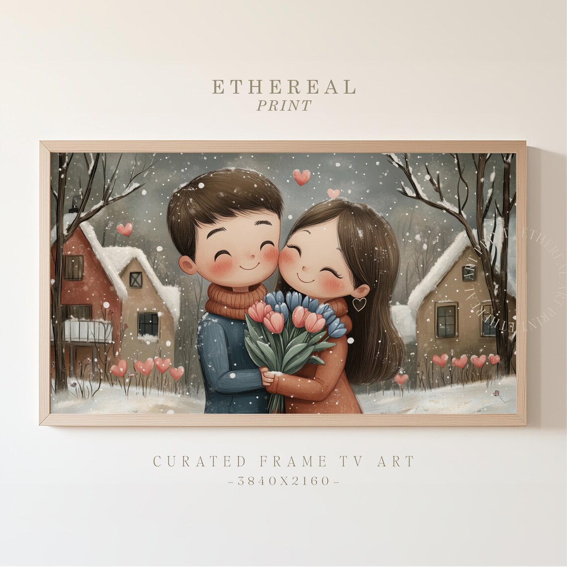 Sweet Couple Hugging In Snowy Village At Dusk Valentine Art Print