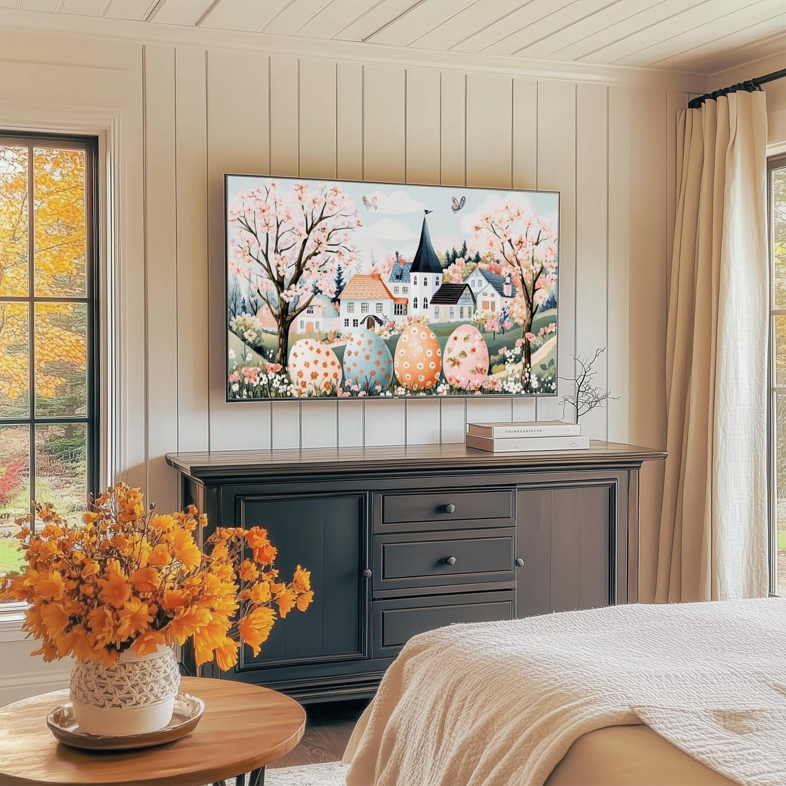 Giant Decorated Easter Eggs Village Cherry Blossom Spring Wall Art - Image 2
